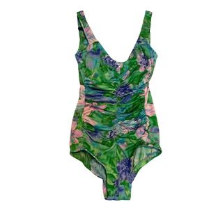 Roxanne One Piece Swimsuit Womens 14/36 B Green Floral Ruched Vintage USA